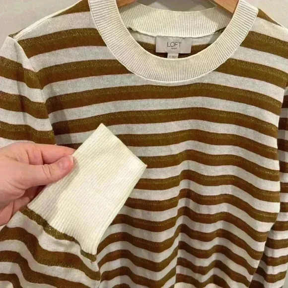 Loft Women’s Striped Puff Sleeve Knit Crewneck Sweater Pullover Tan White Size S - Picture 5 of 7
